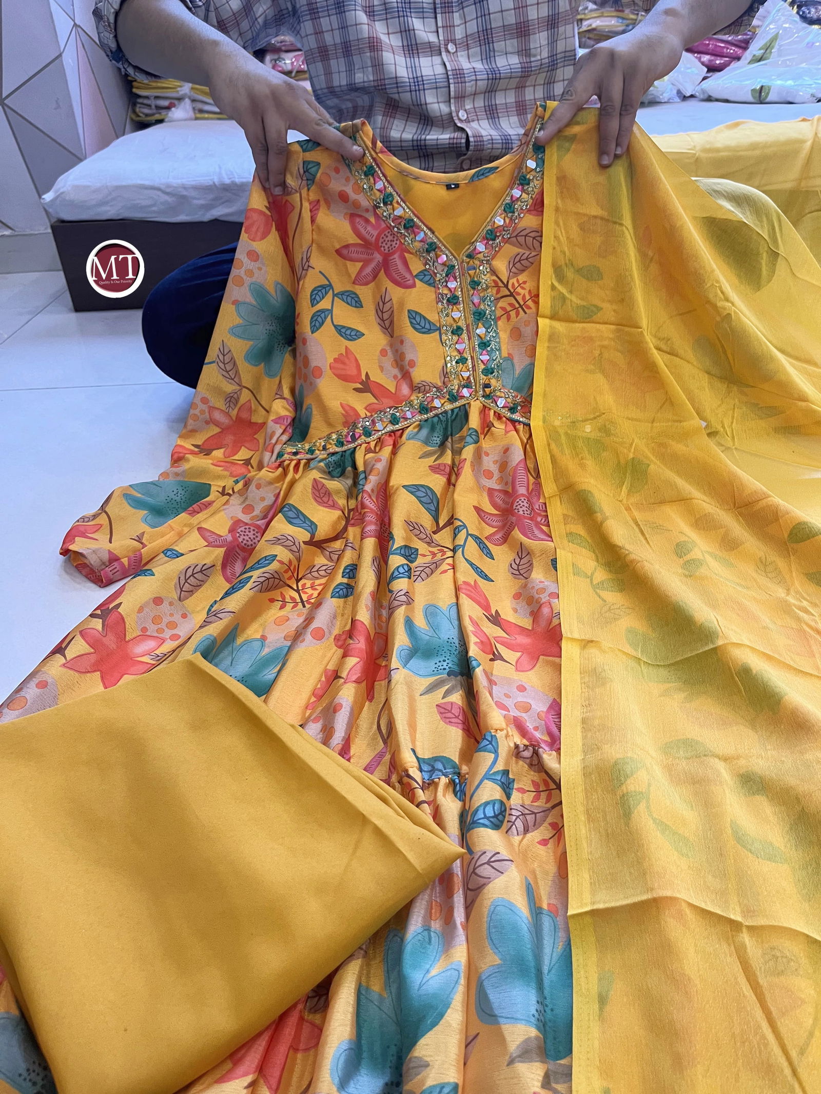 Mt Haldi Special Wedding Wear Chinon Kurti With Bottom Dupatta Wholesale Market In Surat